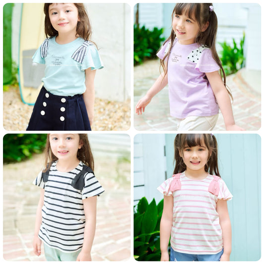 Japanese children's clothing aF#a325 bow shoulder sleeve top 90-160cm girls summer TOPS 