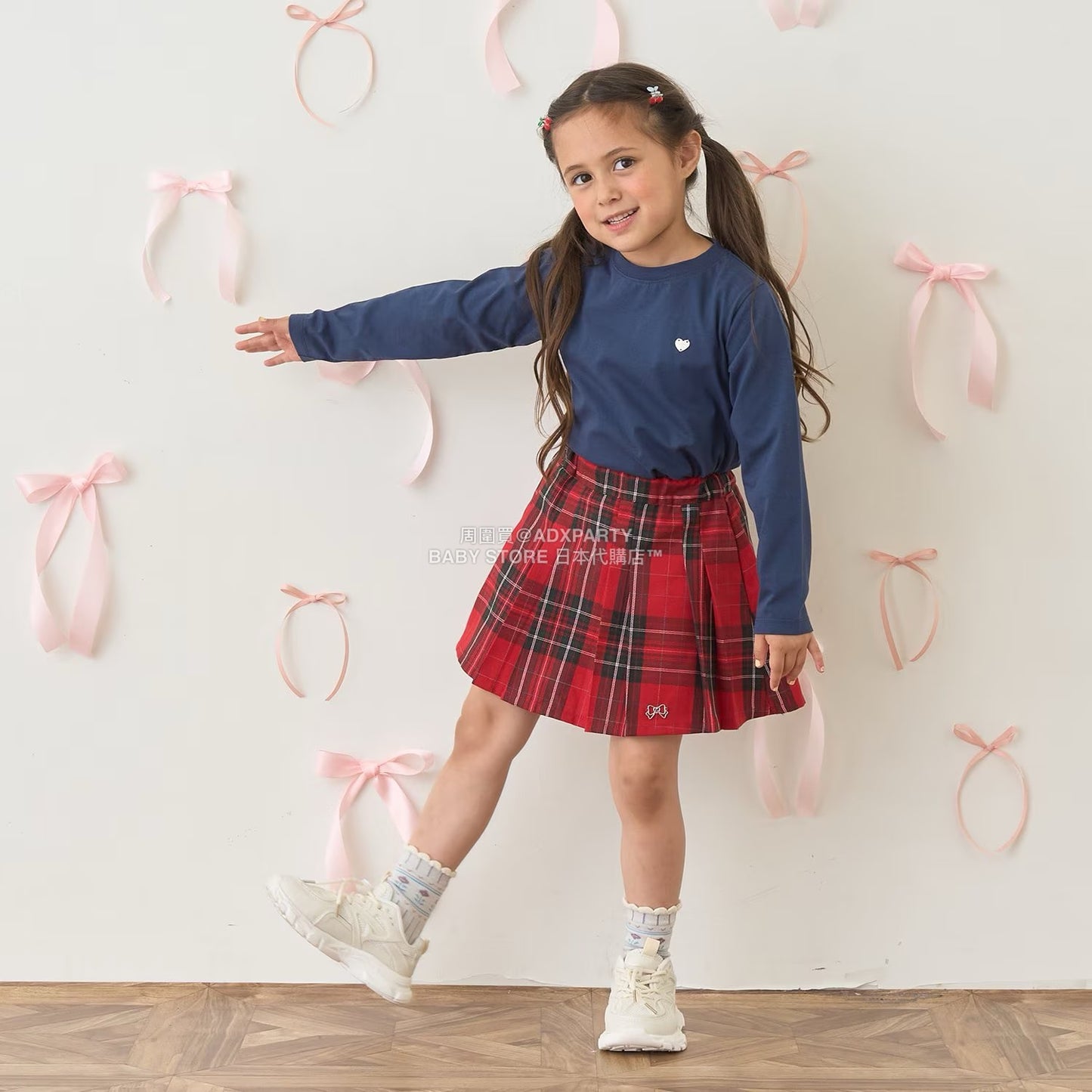 日本童裝 Ly# mine 格紋隨意百褶裙 100-150cm 女童款 秋季 SKIRTS 聖誕紅/新年紅