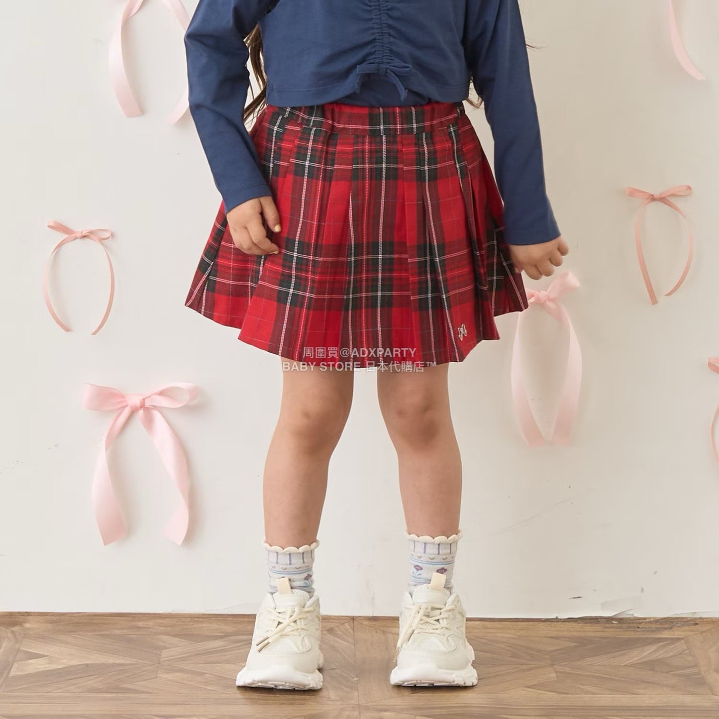 日本童裝 Ly# mine 格紋隨意百褶裙 100-150cm 女童款 秋季 SKIRTS 聖誕紅/新年紅