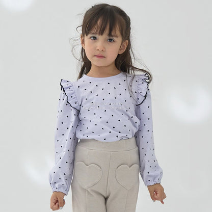 日本童裝 Ly# mine [柔軟棉] 荷葉邊印花上衣 100-150cm 女童款 秋季 TOPS