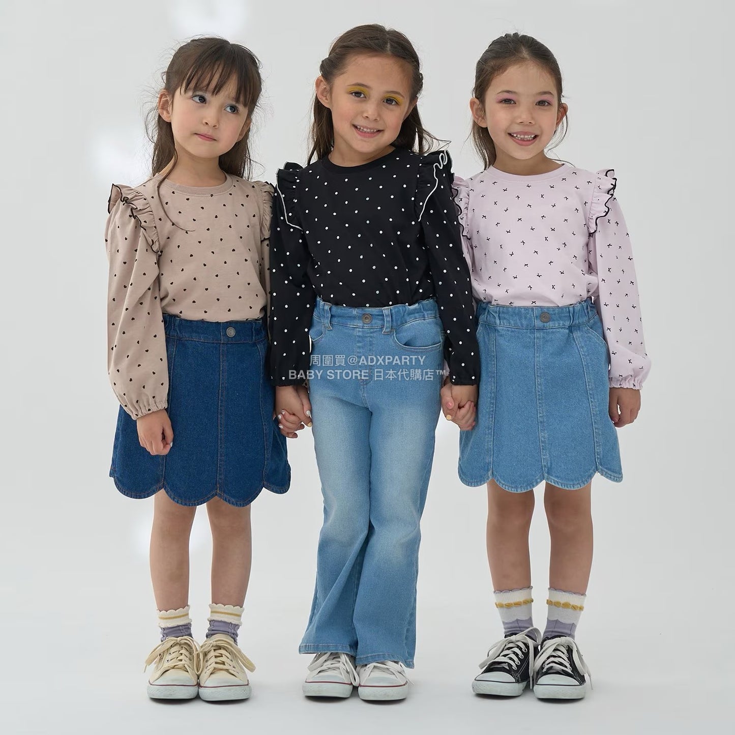 日本童裝 Ly# mine [柔軟棉] 荷葉邊印花上衣 100-150cm 女童款 秋季 TOPS