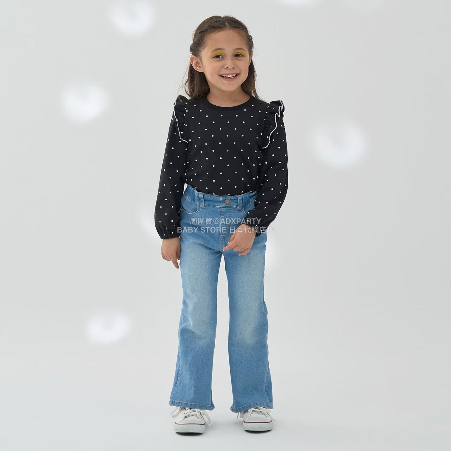 日本童裝 Ly# mine [柔軟棉] 荷葉邊印花上衣 100-150cm 女童款 秋季 TOPS