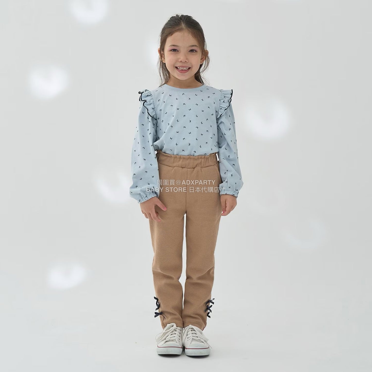 日本童裝 Ly# mine [柔軟棉] 荷葉邊印花上衣 100-150cm 女童款 秋季 TOPS