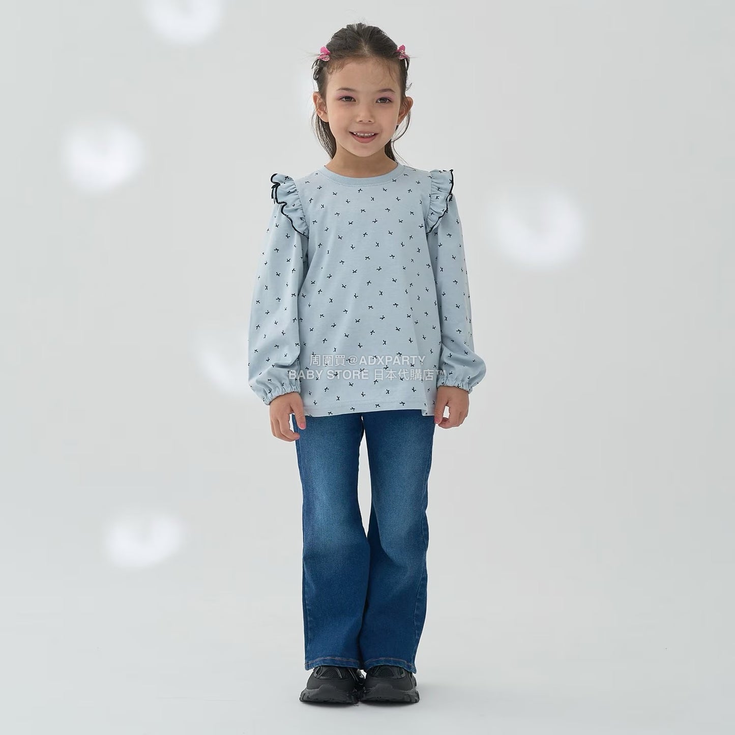 日本童裝 Ly# mine [柔軟棉] 荷葉邊印花上衣 100-150cm 女童款 秋季 TOPS