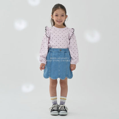 日本童裝 Ly# mine [柔軟棉] 荷葉邊印花上衣 100-150cm 女童款 秋季 TOPS