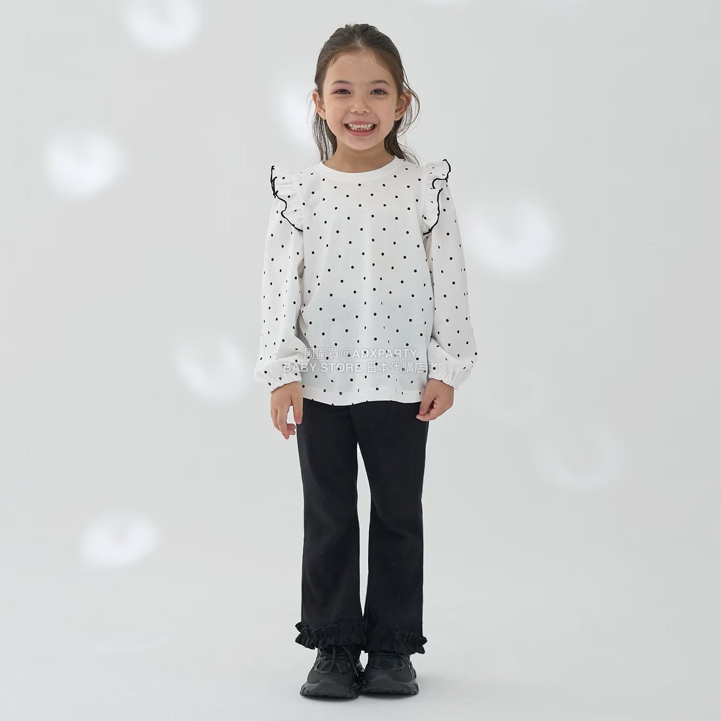 日本童裝 Ly# mine [柔軟棉] 荷葉邊印花上衣 100-150cm 女童款 秋季 TOPS