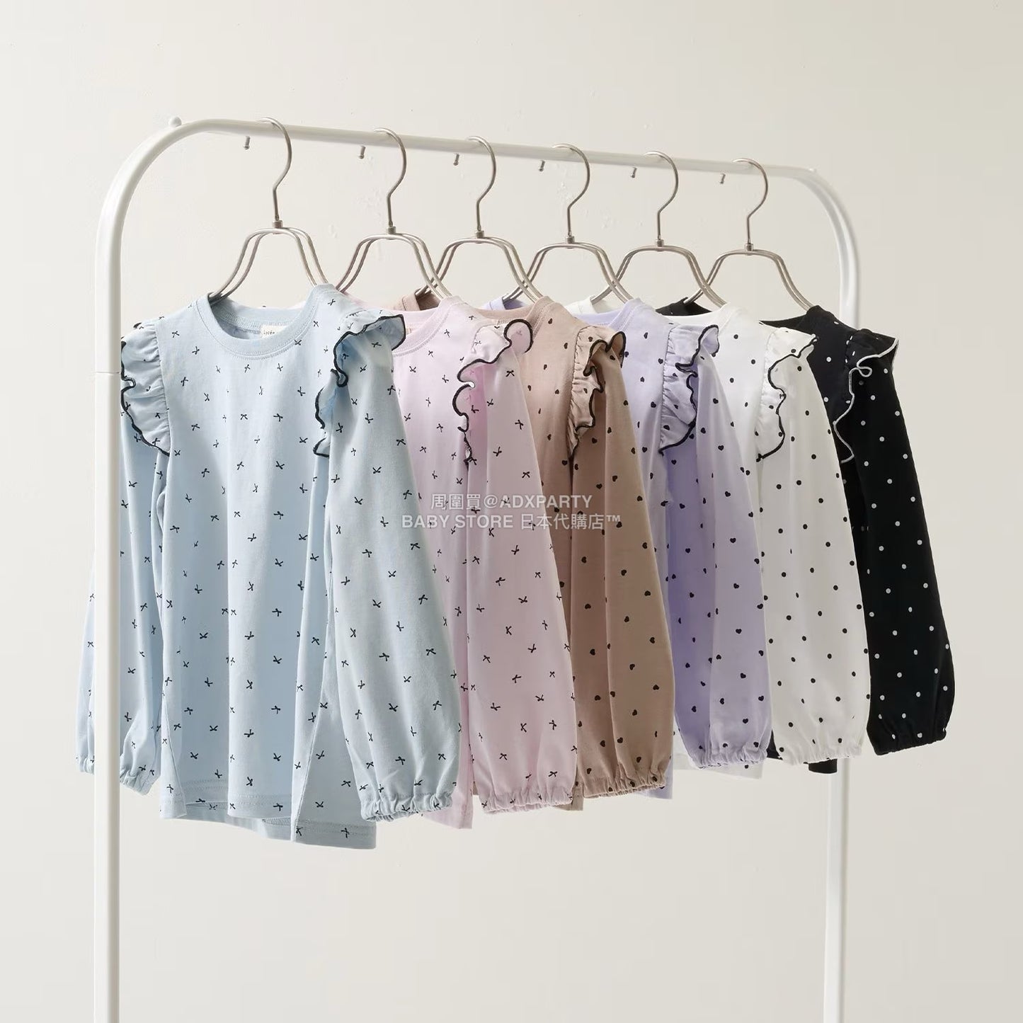 日本童裝 Ly# mine [柔軟棉] 荷葉邊印花上衣 100-150cm 女童款 秋季 TOPS