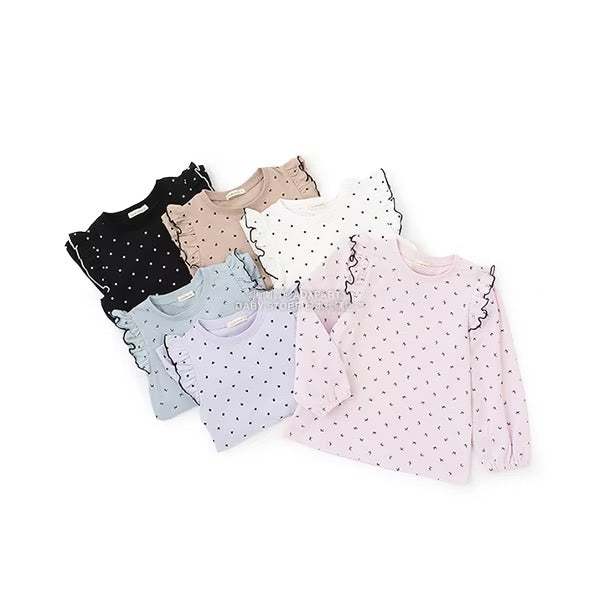 日本童裝 Ly# mine [柔軟棉] 荷葉邊印花上衣 100-150cm 女童款 秋季 TOPS