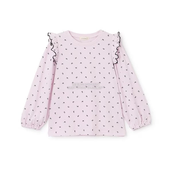 日本童裝 Ly# mine [柔軟棉] 荷葉邊印花上衣 100-150cm 女童款 秋季 TOPS