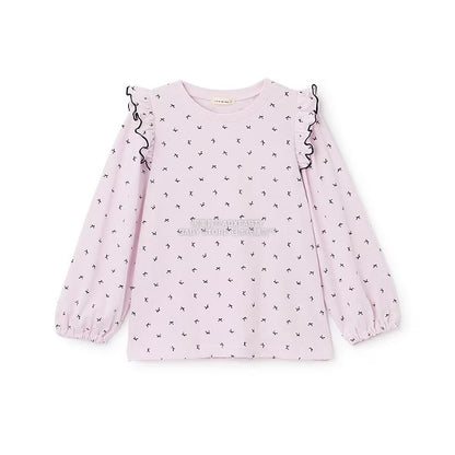 日本童裝 Ly# mine [柔軟棉] 荷葉邊印花上衣 100-150cm 女童款 秋季 TOPS