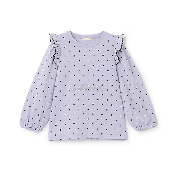 日本童裝 Ly# mine [柔軟棉] 荷葉邊印花上衣 100-150cm 女童款 秋季 TOPS