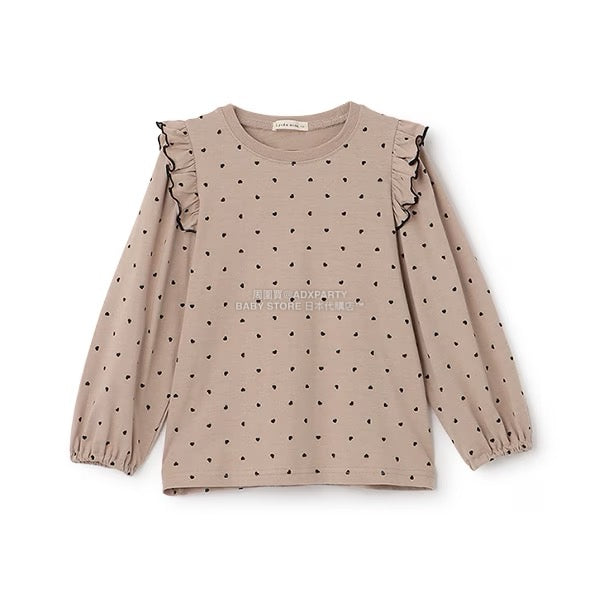 日本童裝 Ly# mine [柔軟棉] 荷葉邊印花上衣 100-150cm 女童款 秋季 TOPS