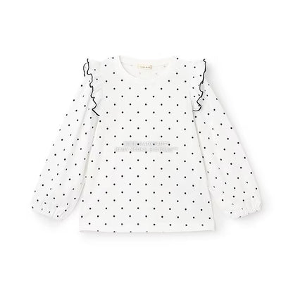 日本童裝 Ly# mine [柔軟棉] 荷葉邊印花上衣 100-150cm 女童款 秋季 TOPS