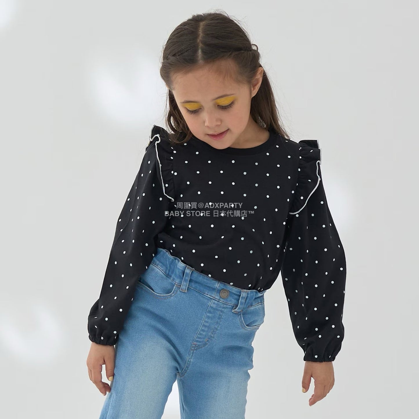 日本童裝 Ly# mine [柔軟棉] 荷葉邊印花上衣 100-150cm 女童款 秋季 TOPS