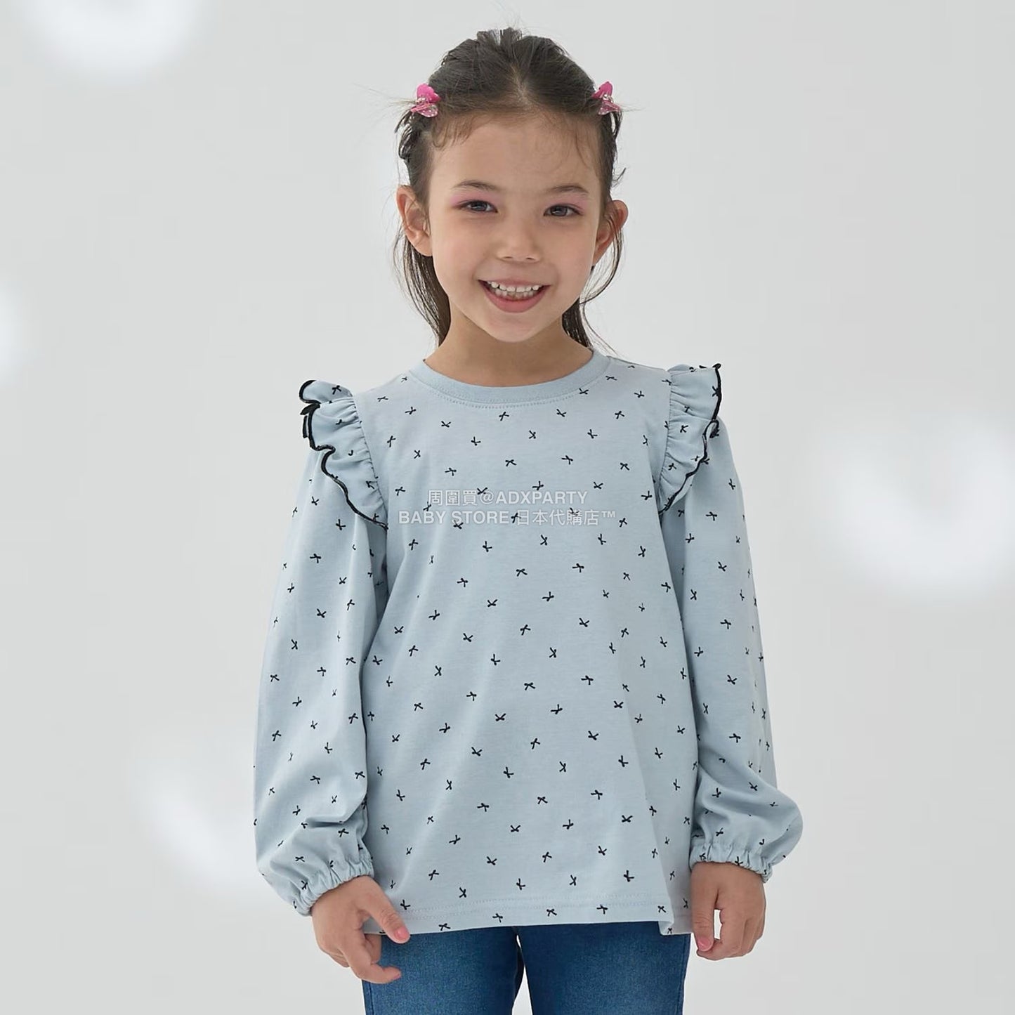 日本童裝 Ly# mine [柔軟棉] 荷葉邊印花上衣 100-150cm 女童款 秋季 TOPS