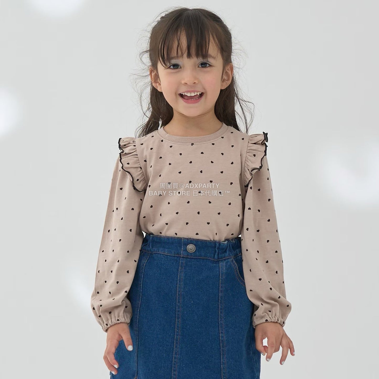 日本童裝 Ly# mine [柔軟棉] 荷葉邊印花上衣 100-150cm 女童款 秋季 TOPS