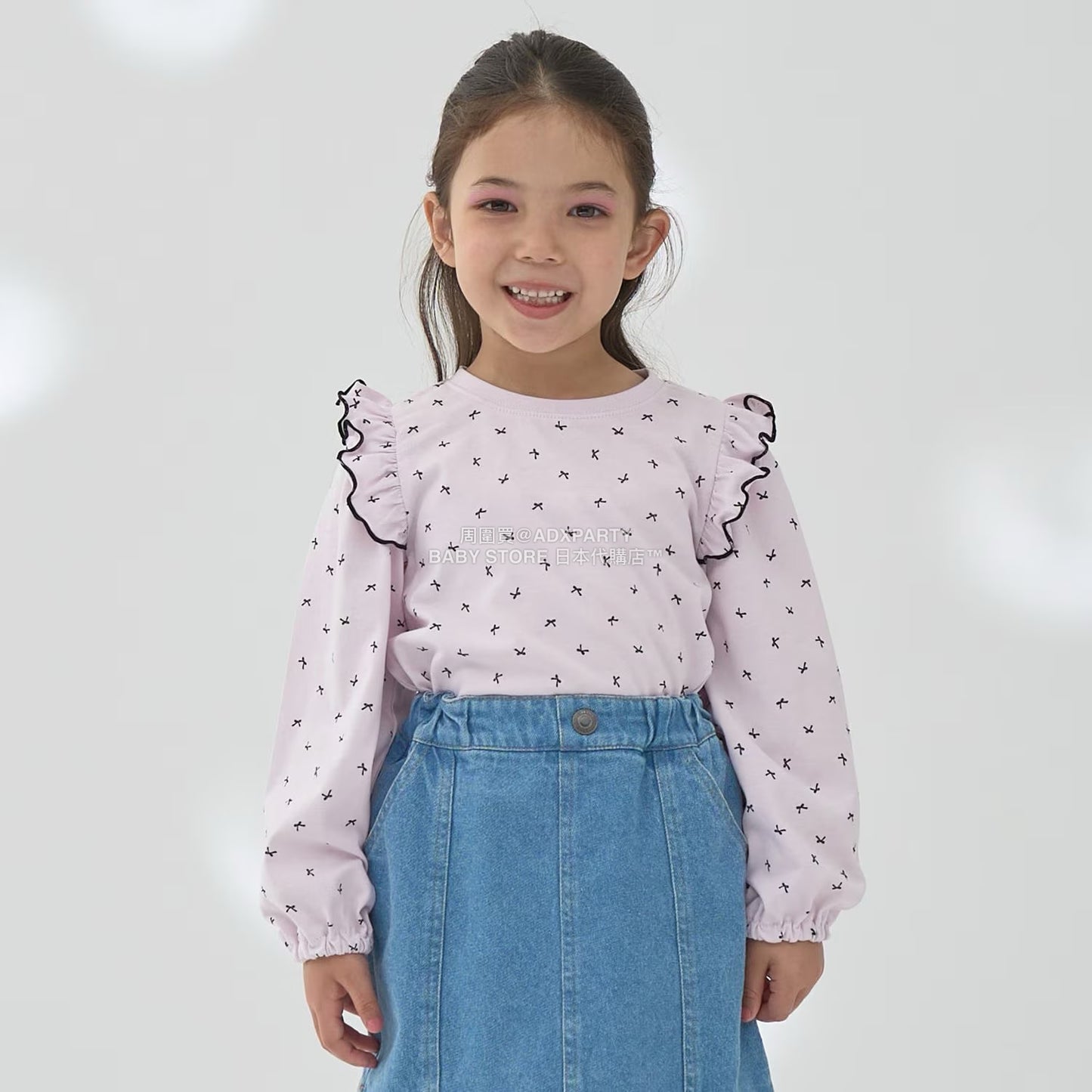 日本童裝 Ly# mine [柔軟棉] 荷葉邊印花上衣 100-150cm 女童款 秋季 TOPS