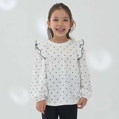 日本童裝 Ly# mine [柔軟棉] 荷葉邊印花上衣 100-150cm 女童款 秋季 TOPS