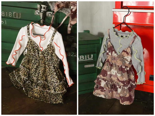 日本童裝 BREEZE 迷彩/豹紋兩件式連身裙 70-80cm 女童款 初生嬰兒 秋季 TOPS DRESSES