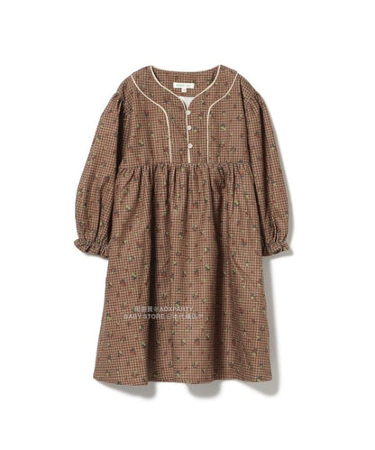 日本童裝 BEAMS mini 花卉格紋燈芯絨連身裙 90-140cm 女童款 秋冬季 DRESSES