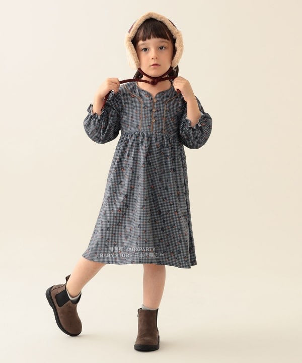 日本童裝 BEAMS mini 花卉格紋燈芯絨連身裙 90-140cm 女童款 秋冬季 DRESSES