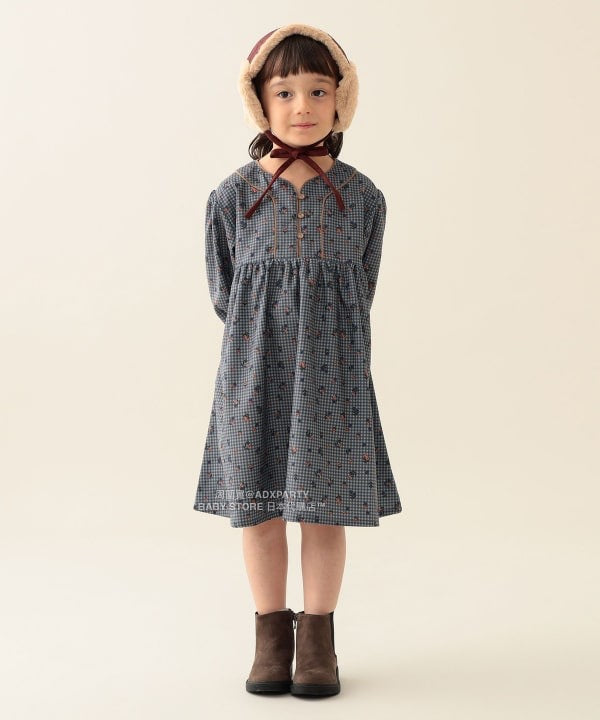 日本童裝 BEAMS mini 花卉格紋燈芯絨連身裙 90-140cm 女童款 秋冬季 DRESSES