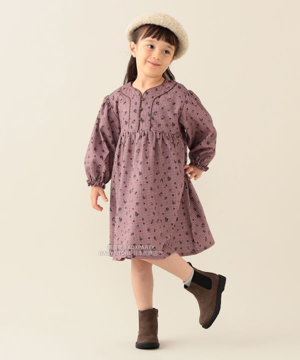 日本童裝 BEAMS mini 花卉格紋燈芯絨連身裙 90-140cm 女童款 秋冬季 DRESSES