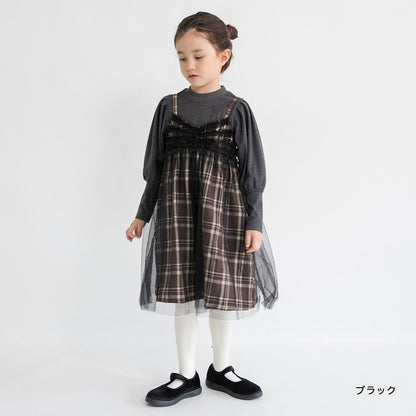 日本童裝 Branshes 吊帶網紗格仔連身裙 90-150m 女童款 冬季 DRESSES