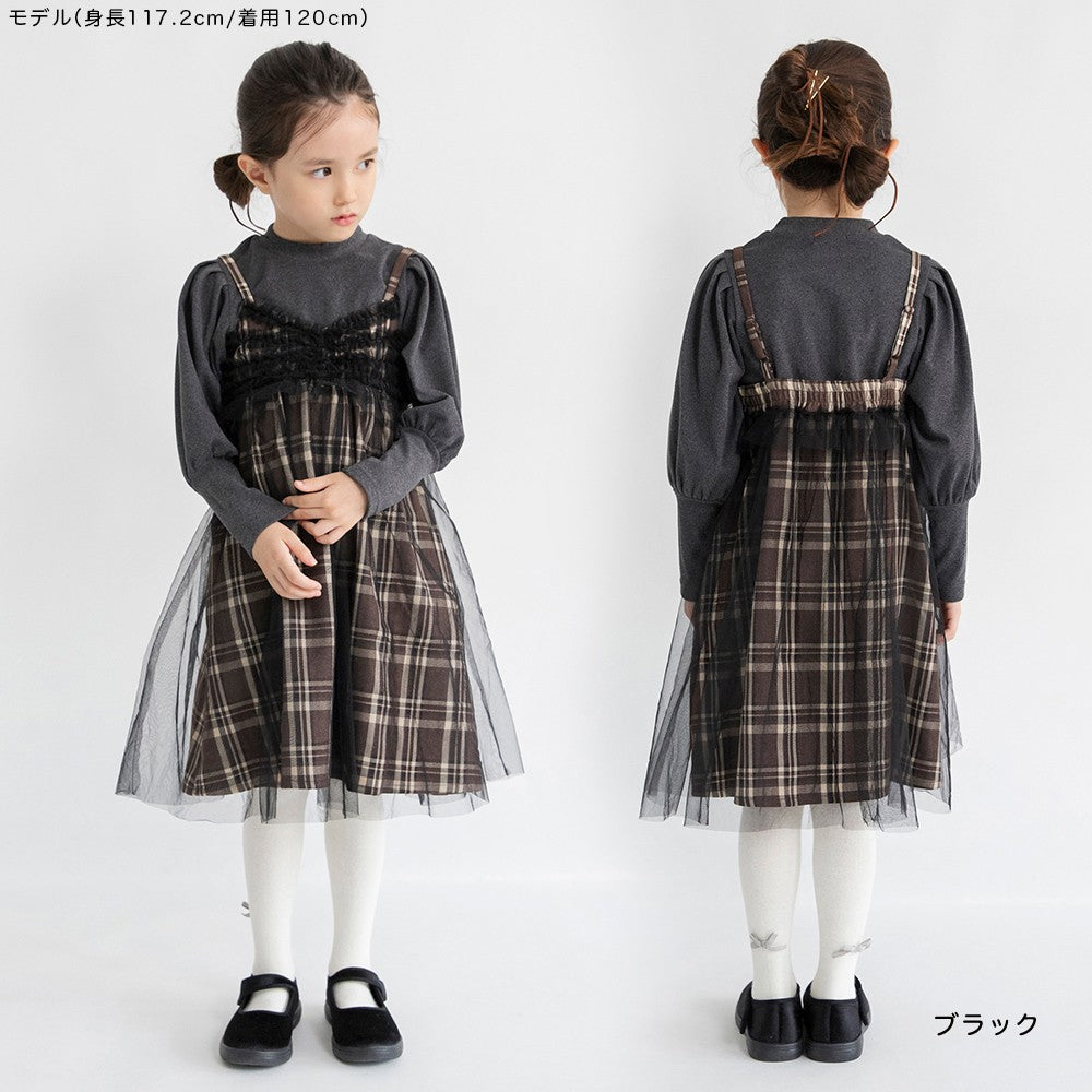 日本童裝 Branshes 吊帶網紗格仔連身裙 90-150m 女童款 冬季 DRESSES