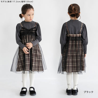 日本童裝 Branshes 吊帶網紗格仔連身裙 90-150m 女童款 冬季 DRESSES