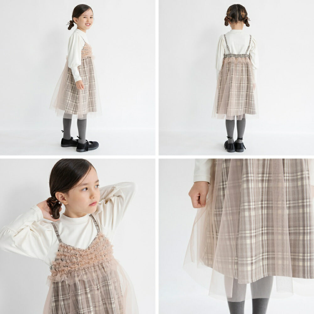 日本童裝 Branshes 吊帶網紗格仔連身裙 90-150m 女童款 冬季 DRESSES