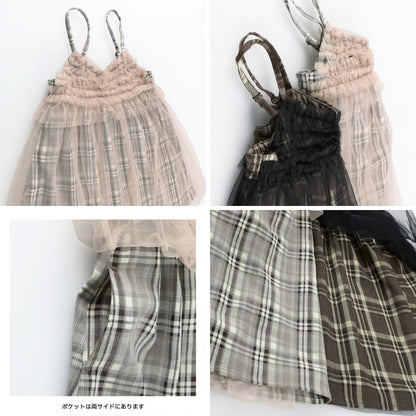 日本童裝 Branshes 吊帶網紗格仔連身裙 90-150m 女童款 冬季 DRESSES