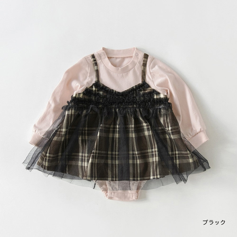 日本童裝 Branshes 假兩件格仔網紗連衣 70-80cm 初生嬰兒 女童款 冬季 Jumpsuit
