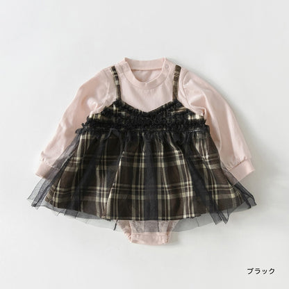 日本童裝 Branshes 假兩件格仔網紗連衣 70-80cm 初生嬰兒 女童款 冬季 Jumpsuit