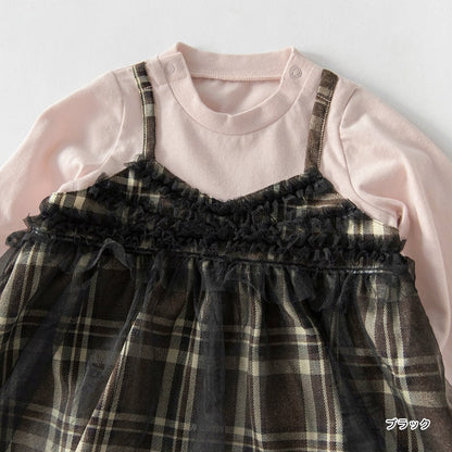 日本童裝 Branshes 假兩件格仔網紗連衣 70-80cm 初生嬰兒 女童款 冬季 Jumpsuit