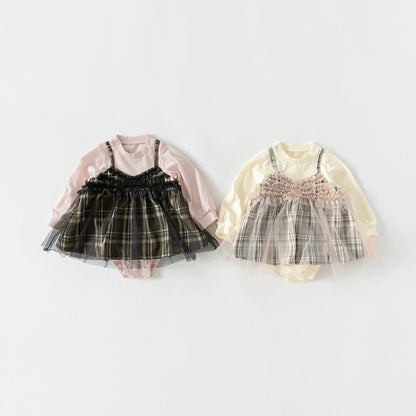 日本童裝 Branshes 假兩件格仔網紗連衣 70-80cm 初生嬰兒 女童款 冬季 Jumpsuit