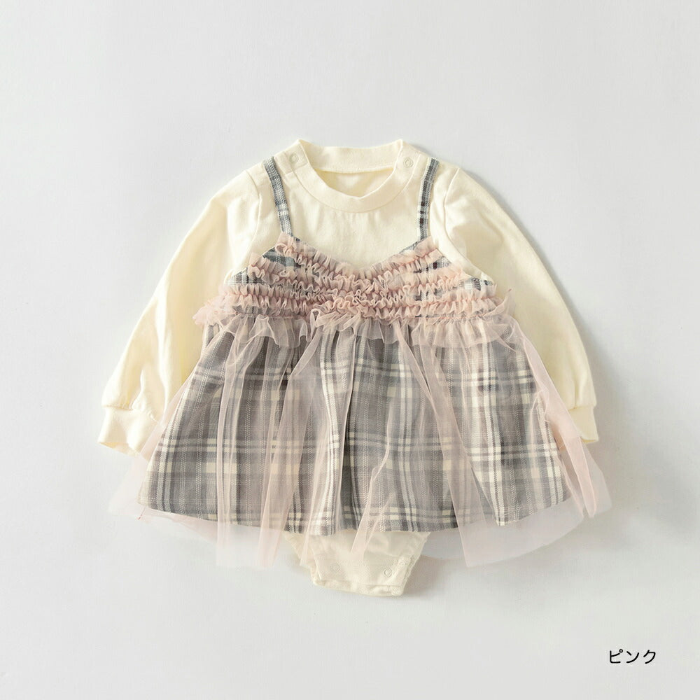 日本童裝 Branshes 假兩件格仔網紗連衣 70-80cm 初生嬰兒 女童款 冬季 Jumpsuit