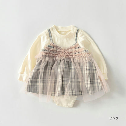 日本童裝 Branshes 假兩件格仔網紗連衣 70-80cm 初生嬰兒 女童款 冬季 Jumpsuit