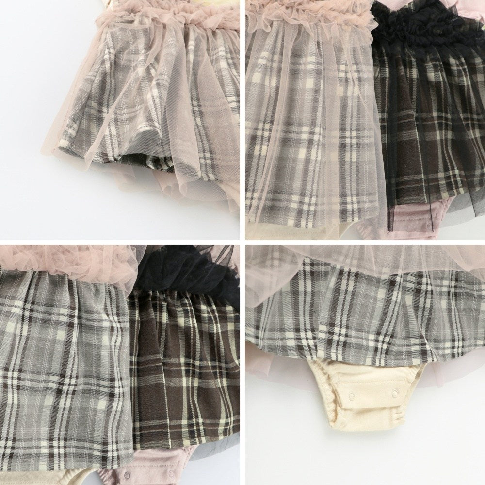 日本童裝 Branshes 假兩件格仔網紗連衣 70-80cm 初生嬰兒 女童款 冬季 Jumpsuit