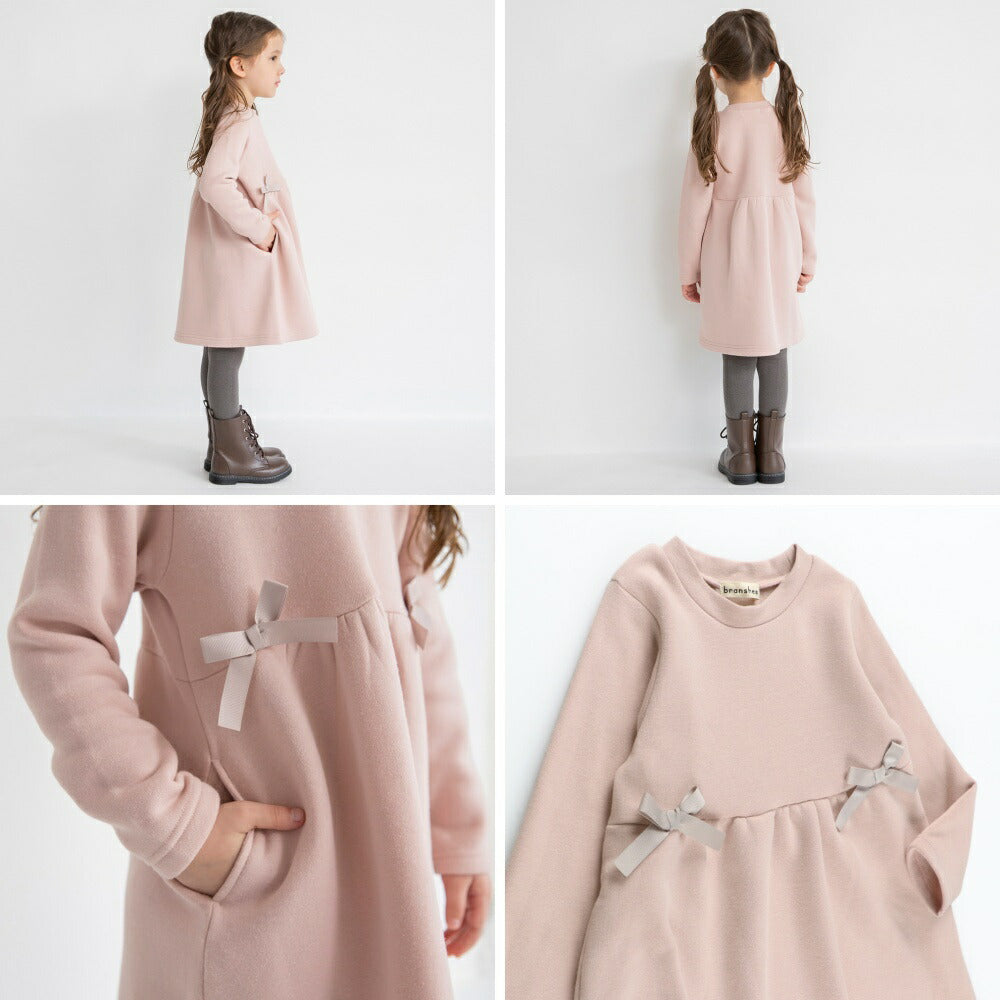日本童裝 Branshes 抓毛收腰蝴蝶結連身裙 80-150cm 女童款 冬季 DRESSES