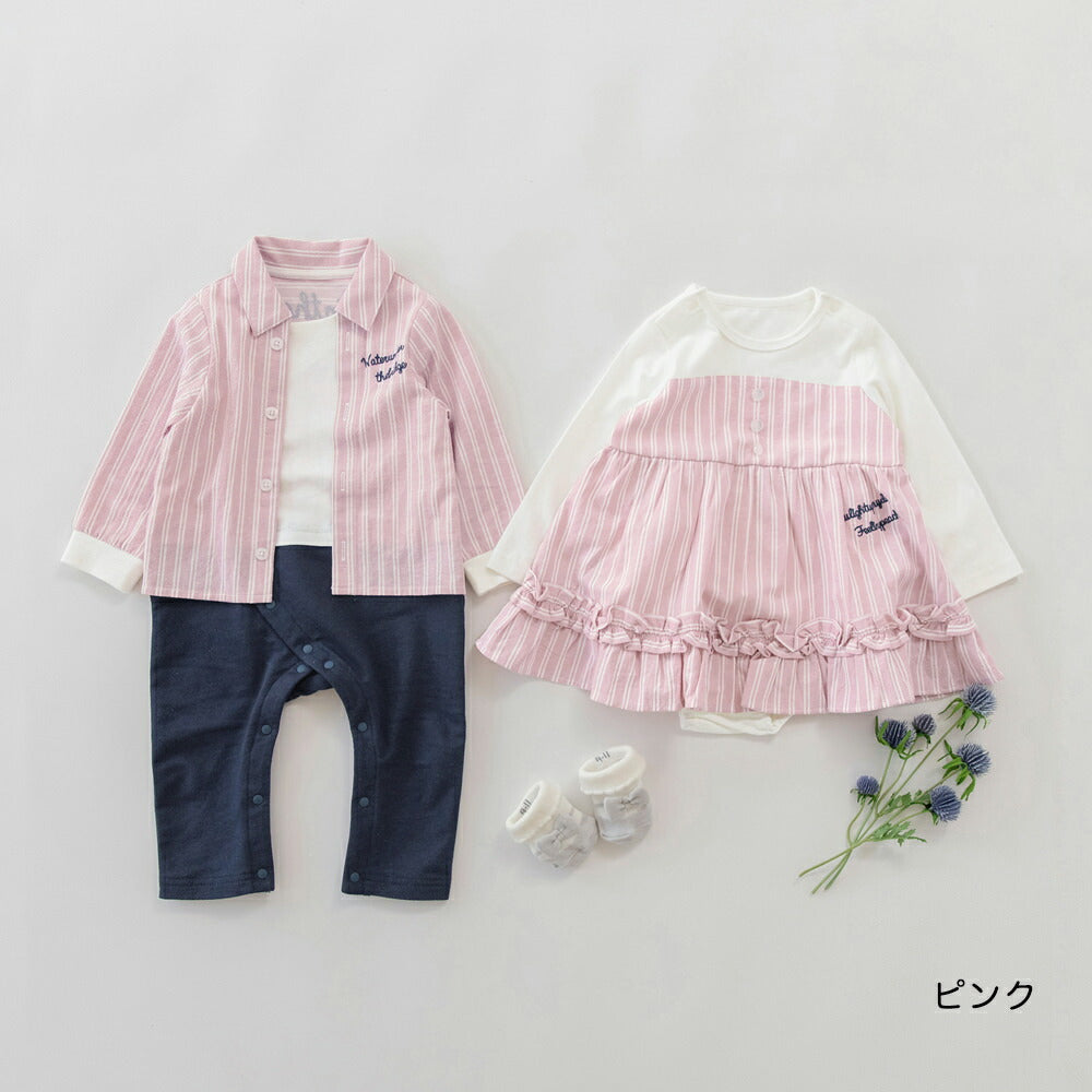 日本童裝 Branshes 拼色襯衫連衣 70-80cm 初生嬰兒 女童款 春季 Jumpsuit 新之春