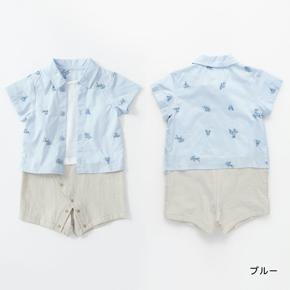 日本童裝 Branshes 花卉刺繡假兩件連衣 70-80cm 男童款 初生嬰兒 夏季 Jumpsuit Flower