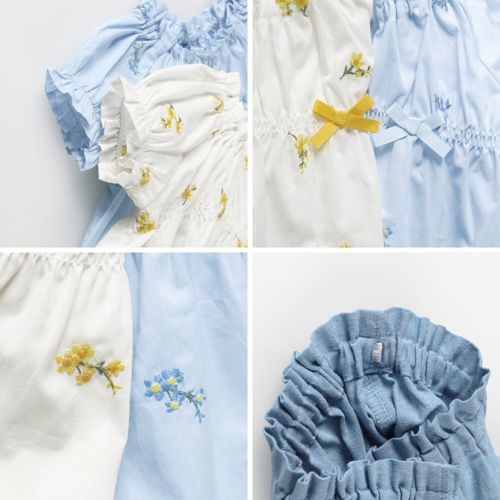 日本童裝 Branshes 花卉刺繡兩件套裝 70-80cm 女童款 初生嬰兒 夏季 TOPS PANTS Flower