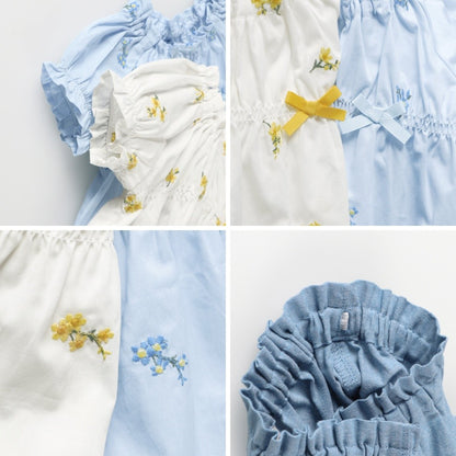 日本童裝 Branshes 花卉刺繡兩件套裝 70-80cm 女童款 初生嬰兒 夏季 TOPS PANTS Flower