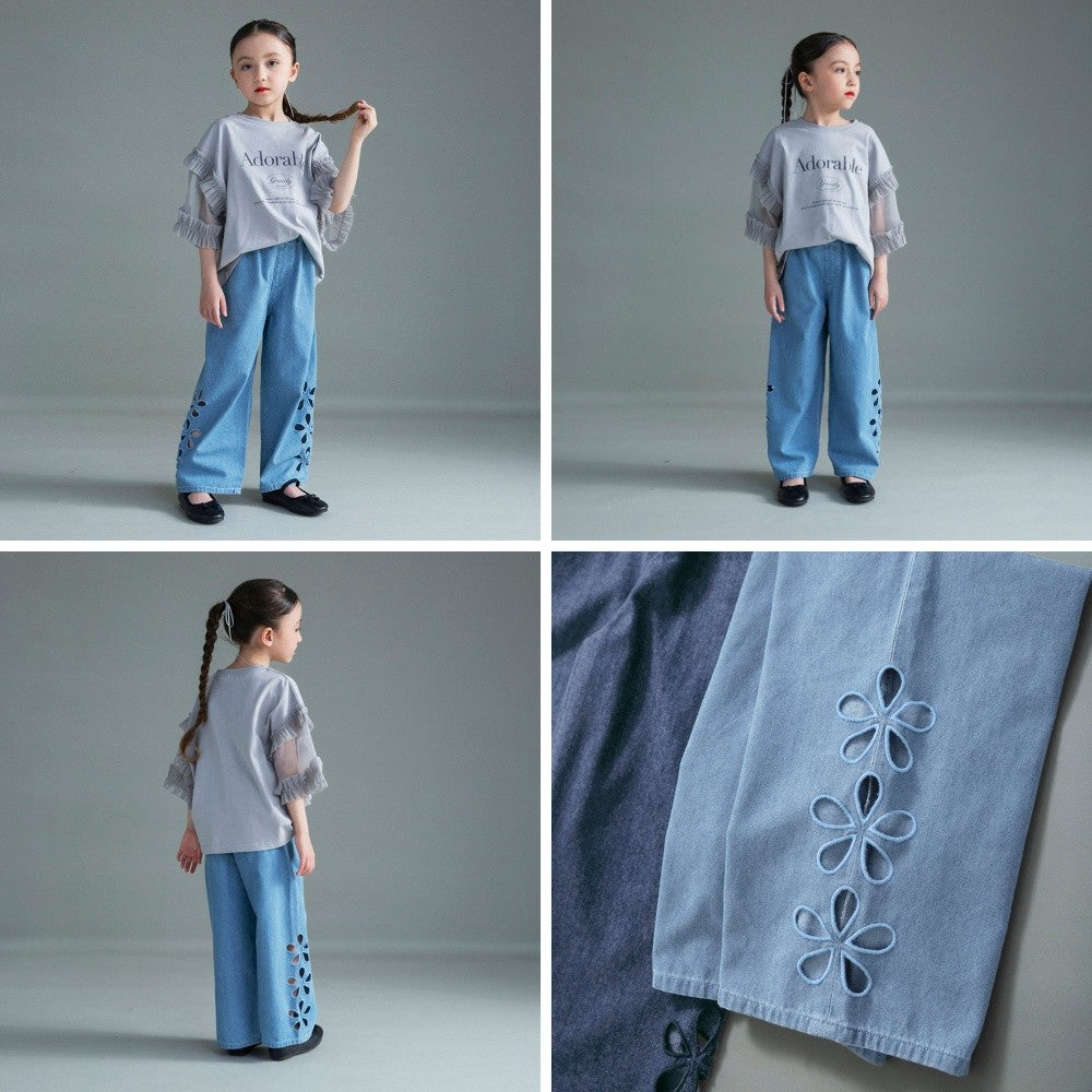 日本童裝 Branshes 鏤空花卉牛仔褲 100-150cm 女童款 夏季 PANTS