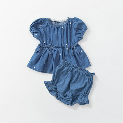 日本童裝 Branshes 愛心刺繡牛仔上衣和燈籠褲套裝 70-80cm 女童款 初生嬰兒 夏季 TOPS PANTS