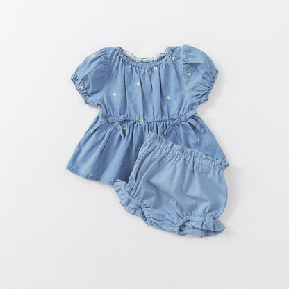 日本童裝 Branshes 愛心刺繡牛仔上衣和燈籠褲套裝 70-80cm 女童款 初生嬰兒 夏季 TOPS PANTS