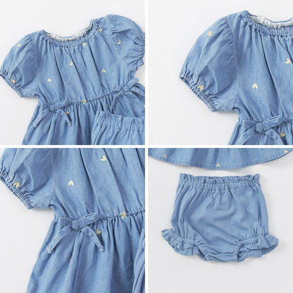 日本童裝 Branshes 愛心刺繡牛仔上衣和燈籠褲套裝 70-80cm 女童款 初生嬰兒 夏季 TOPS PANTS