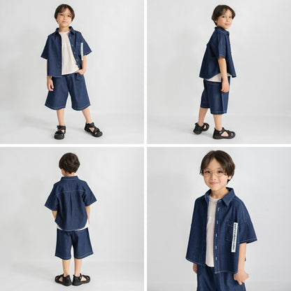 日本童裝 Branshes 水洗牛仔短袖襯衫 100-150cm 男童款 夏季 TOPS