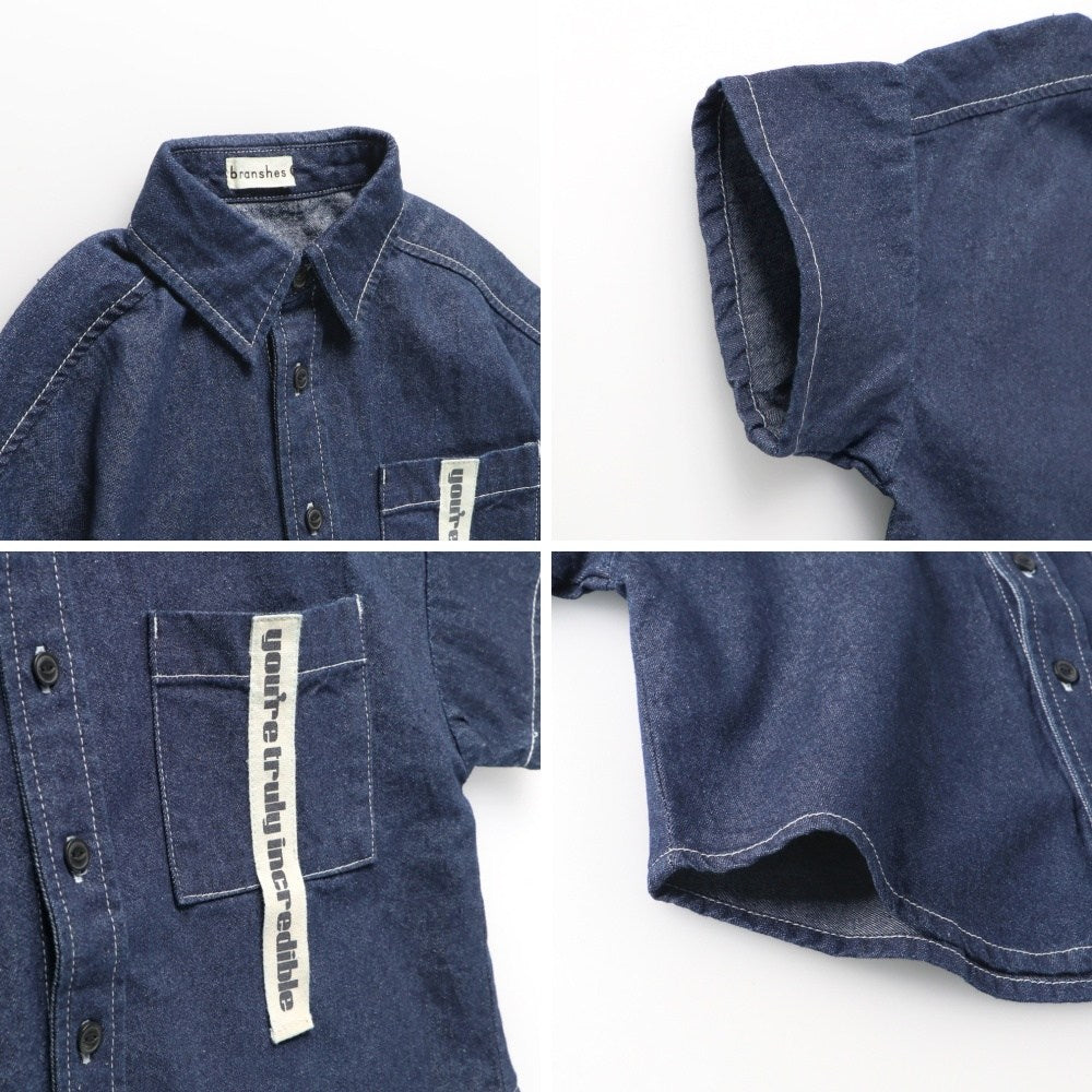 日本童裝 Branshes 水洗牛仔短袖襯衫 100-150cm 男童款 夏季 TOPS